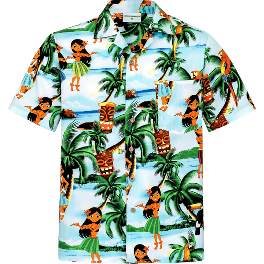 Vorderansicht des türkisen Herren Hawaiihemd mit Aloha Girls und Palmen
