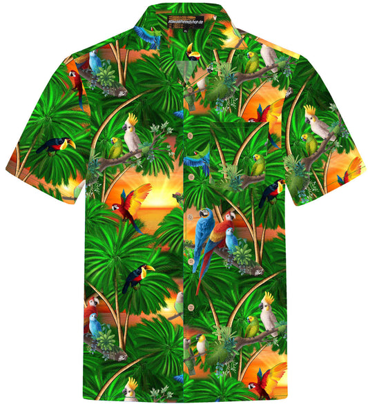 Grünes Herren Hawaiihemd mit Papageien im Dschungel