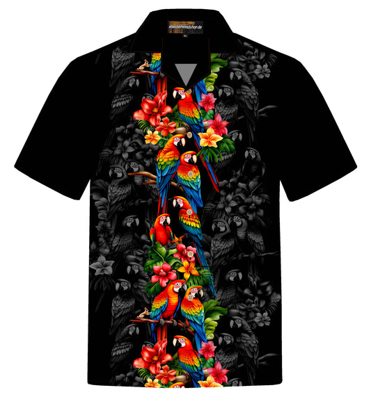 Schwarzes Herren Hawaiihemd mit bunten Papageien, Vorderansicht