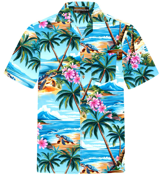 Türkises Herren Hawaiihemd mit Palmen und Schildkröten, Vorderansicht
