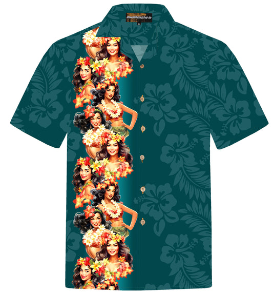Grünes Herren Hawaiihemd mit Aloha Girls und Hibiskus-Blumen, Vorderseite