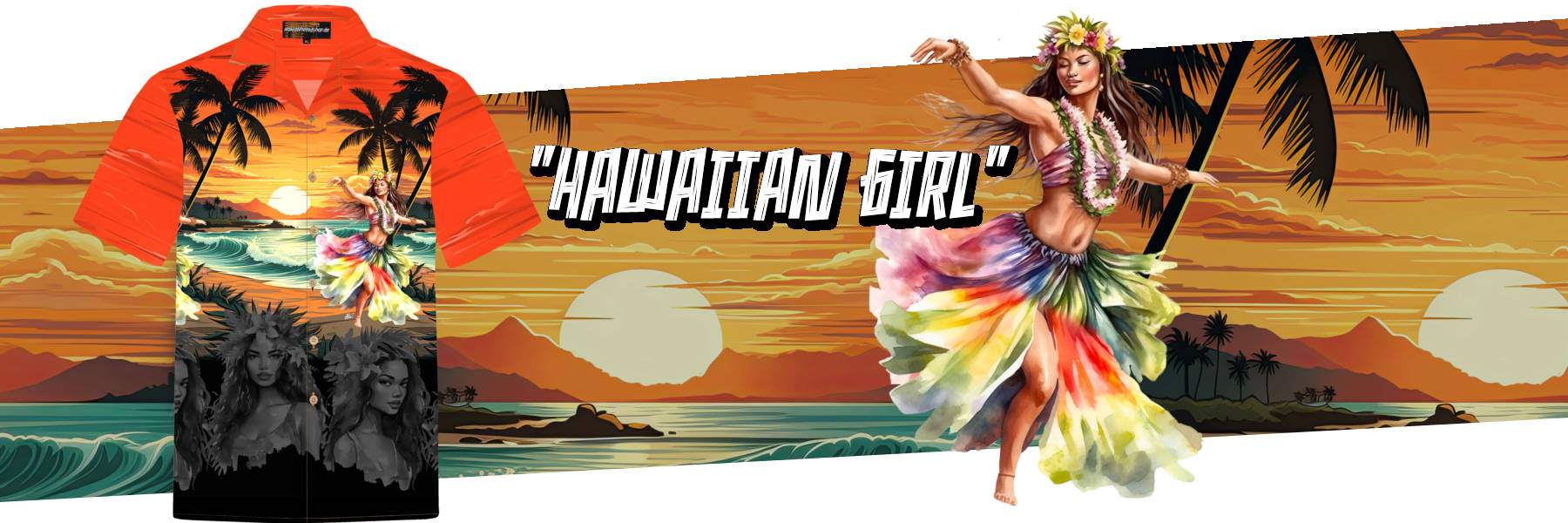 Herren Hawaiihemd in orange mit Hula-Girl