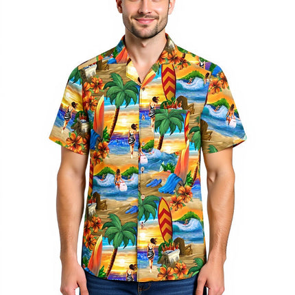Oranges Hawaiihemd für Herren mit Palmen und Surfern