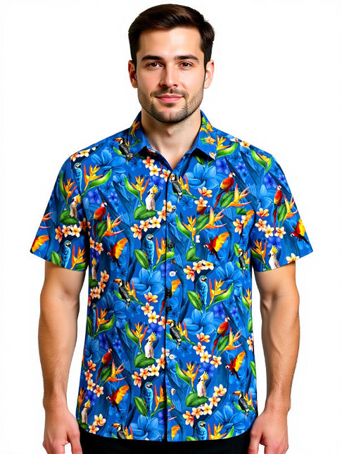 "Flower Parrots (blue)" - Größe S-8XL - Hawaiihemd.shop