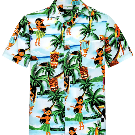 Kurzärmeliges Hemd mit Knopfleiste, weißem Grund und buntem Aloha-Mädchen- und Palmenprint
