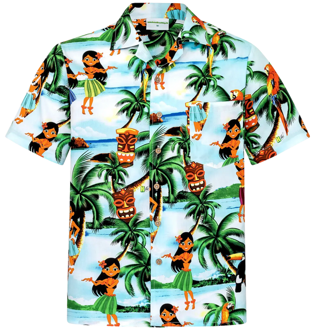 Kurzärmeliges Hemd mit Knopfleiste, weißem Grund und buntem Aloha-Mädchen- und Palmenprint