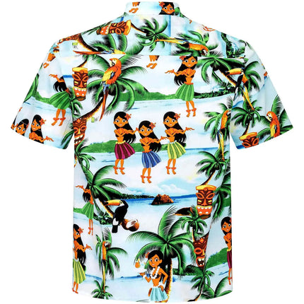 Hawaiihemd mit Kurzarm, weißer Basis und Allover-Print mit Palmen, Mädchenfiguren und Tiki