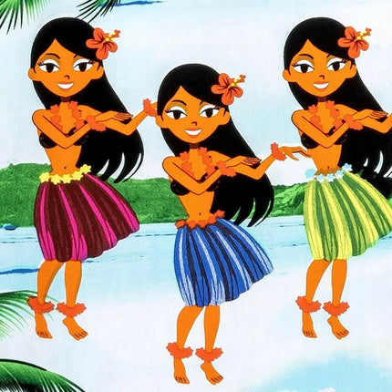 Detailansicht: Aloha-Mädchenmotiv in buntem Kleid auf weißblauem Hintergrund