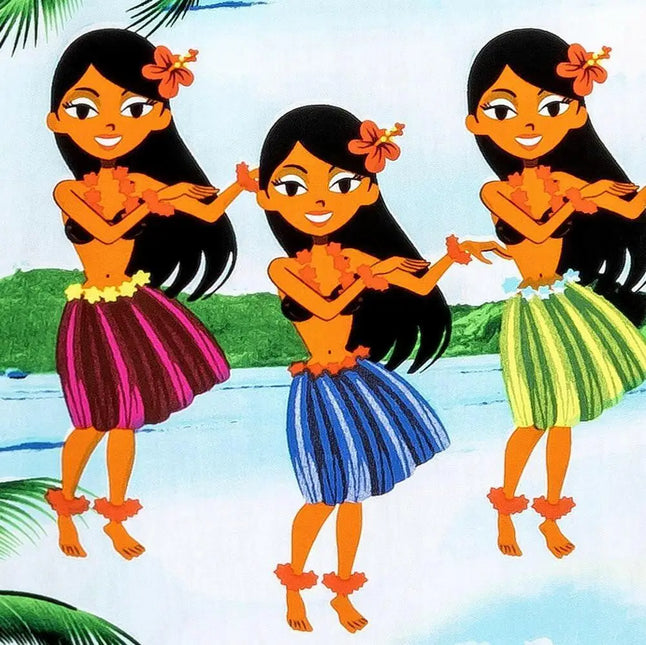 Detailansicht: Aloha-Mädchenmotiv in buntem Kleid auf weißblauem Hintergrund
