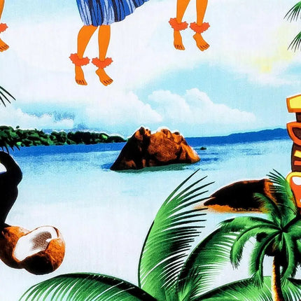Ausschnitt mit Meer, Wolken und Inselmotiv sowie Palmenblättern im bunten Print