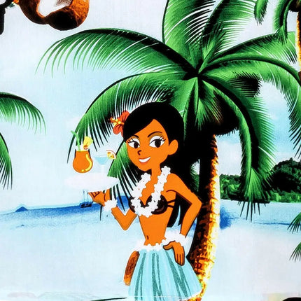 Detail: Aloha-Mädchenfigur mit Blumenkranz vor grünen Palmenblättern