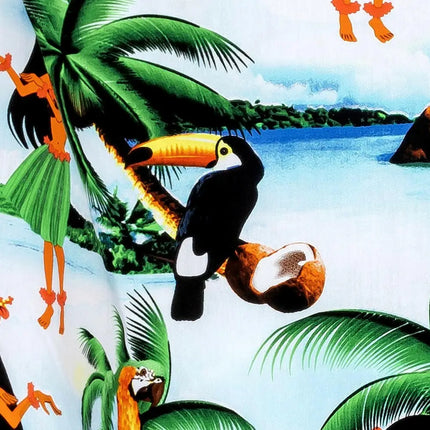 Ausschnitt mit schwarzer Vogel-/Tukanfigur und Palmenblättern im tropischen Design