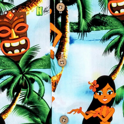 Detailansicht seitliche Partie: Tiki-Skulpturen, Palmen und Aloha-Mädchen im Muster