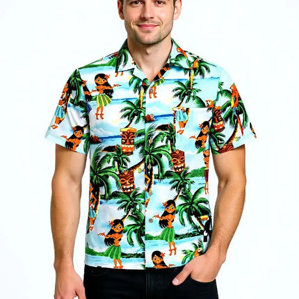 Hawaiihemd für Herren, Kurzarm mit Knopfleiste, weißer Basis und tropischem Alloverprint