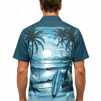 Herren Kurzarmhemd mit Palmen- und Strandprint, türkisblau, Rückansicht