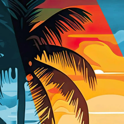 Nahaufnahme: Palmen vor orange-gelbem Himmel im Tropenprint auf Kurzarmhemd