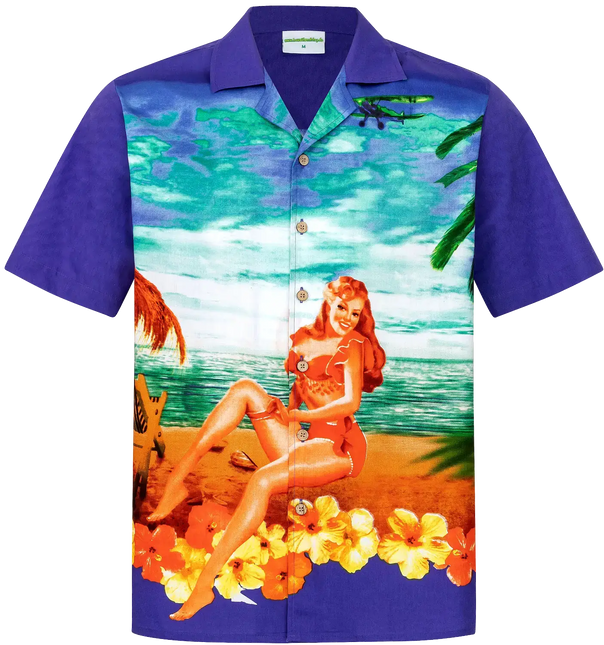 Lila Kurzarmhemd mit tropischem Beach-Girl-Print, Knopfleiste und V-Ausschnitt
