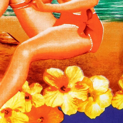 Detalle: ilustración de una chica en la playa con flores amarillas