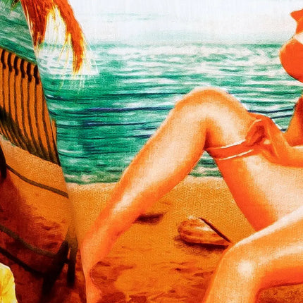 Primer plano: piernas y elementos de una silla de playa en el estampado tropical