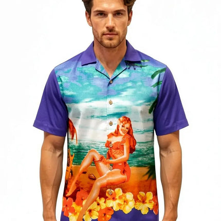 Camisa de manga corta con motivo playero (mujer, mar, flores) en violeta, turquesa y naranja