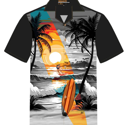 Herren-Hemd mit Kurzarm, schwarzem Kragen und Surfer-Strandmotiv in Orange/Grau