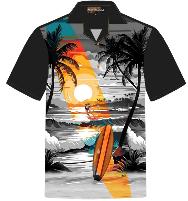 Herren-Hemd mit Kurzarm, schwarzem Kragen und Surfer-Strandmotiv in Orange/Grau