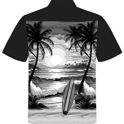 Herren-Hemd mit Kurzarm, schwarzem Kragen, Rückenansicht mit Palmen- und Stranddruck