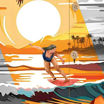 Close-up: Hemd mit Surfer- und Sonne-/Wellenmotiv in Orange, Blau und Grau