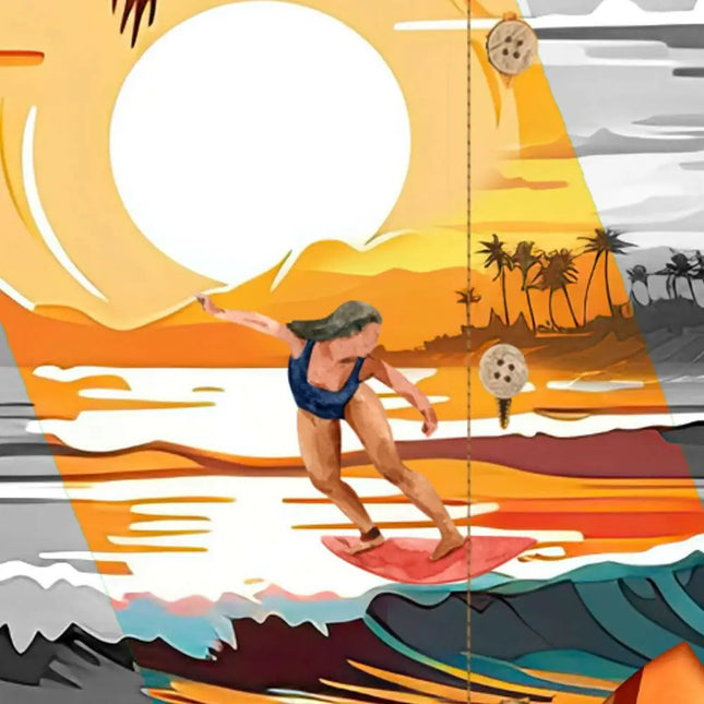Close-up: Hemd mit Surfer- und Sonne-/Wellenmotiv in Orange, Blau und Grau