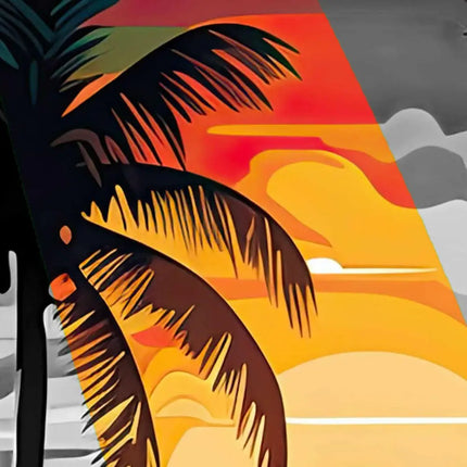 Close-up: Hemd mit Palmen und orange-gelber Sonnenlandschaft im Retro-Design
