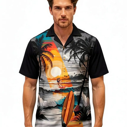 Herren-Hemd im Regular Fit mit Kurzarm, Vorderseite mit Surfer-Strandmotiv und Palmen