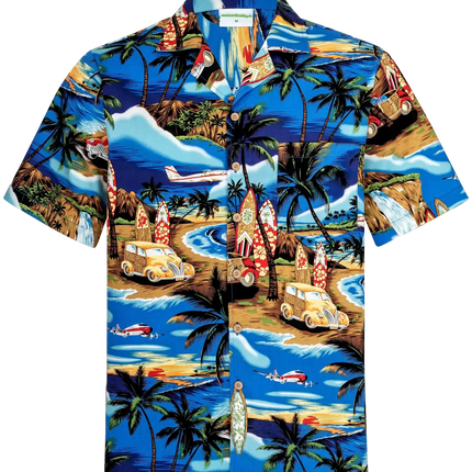 Kurzarmhemd mit tropischem Strandprint, Knopfleiste und Stehkragen, blau-bunt
