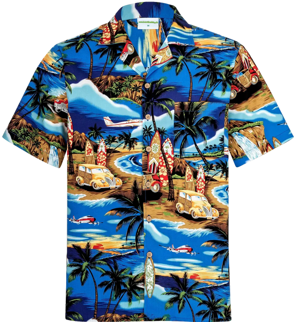 Kurzarmhemd mit tropischem Strandprint, Knopfleiste und Stehkragen, blau-bunt