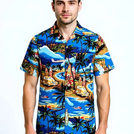 Kurzarm-Hemd mit Kragen, tropisches Strandmotiv in Blau und Braun, Knöpfe