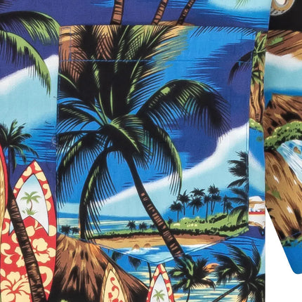 Hawaiihemd mit Palmen- und Strandmotiv, blau-bunt, kurze Ärmel