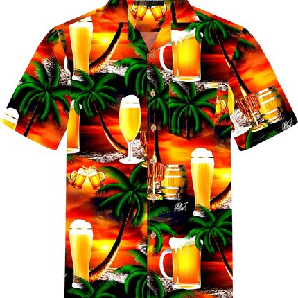 Hawaiihemd met korte mouwen, felgekleurde bier- en palmenprints