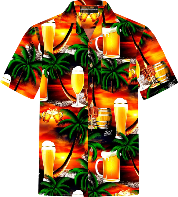 Hawaiihemd mit kurzen Ärmeln, knallbunten Bier- und Palmen-Prints