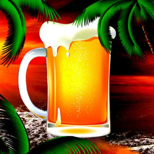 Hawaiihemd-Detail: gelbes Bierkrug-Motiv mit Schaum und Palmenblättern