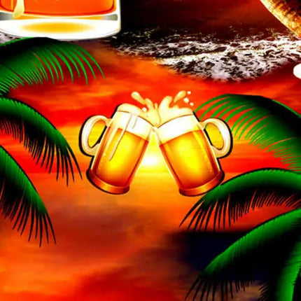Detail van Hawaihemd: bierpulmotief tussen palmbladeren op een kleurrijke achtergrond