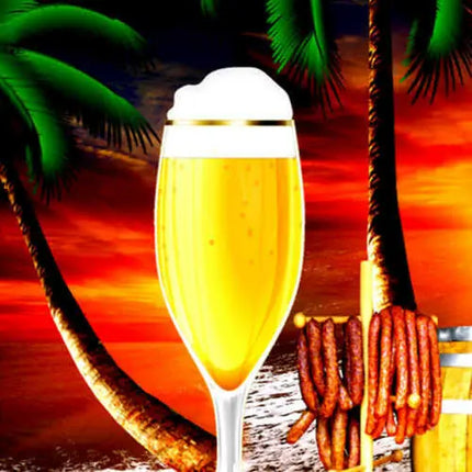 Detail van Hawaihemd: bierglas met schuim, palmen en elementen met gegrild vlees