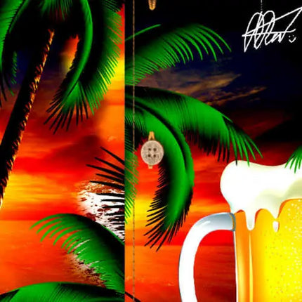 Detail van Hawaihemd: palmen, kleurvlak met avondlucht en uitsnede van een bierglas