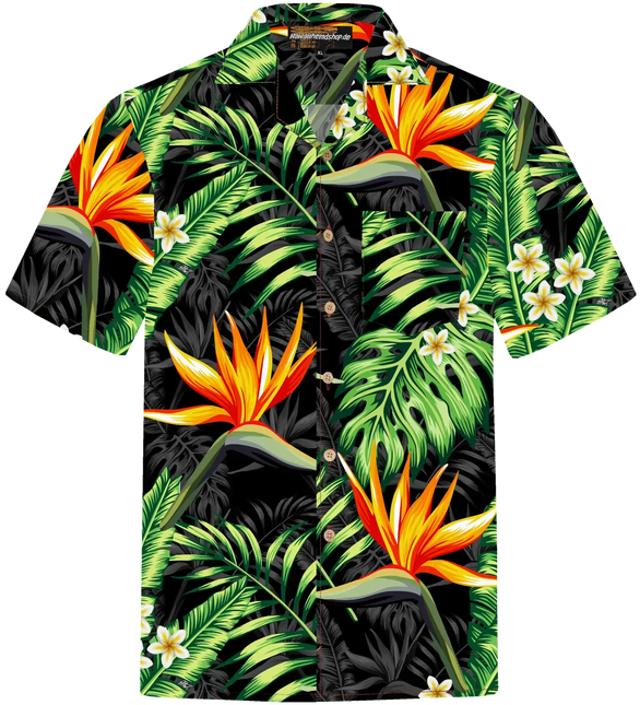 Hawaiihemd mit kurzärmeligem Hemdkragen und buntem Paradiesvogel-Tropenprint