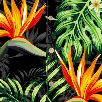 Hemdansicht: senkrechte Knopfleiste mit Paradiesvogel- und Palmenprint