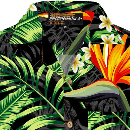Hawaiihemd-Kragen mit Knöpfen, Tropenprint und Label hawaiihemdshop.de (XL)
