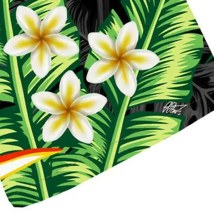 Tropisches Kurzarmhemd mit Plumeria-Blüten und Palmenblättern, schwarz-grüner Print