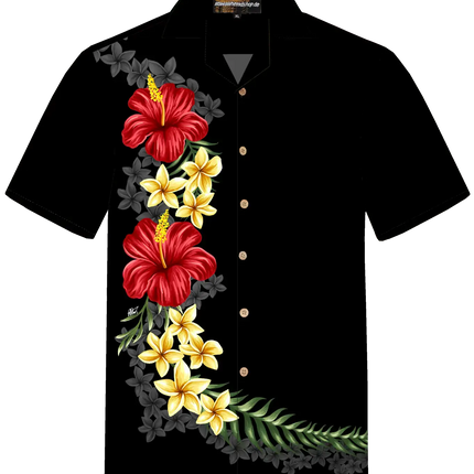 Schwarzes Herrenhemd mit Blumenstickerei in Rot und Gelb auf der Vorderseite