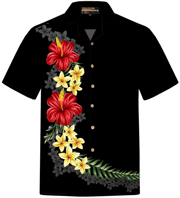 Schwarzes Herrenhemd mit Blumenstickerei in Rot und Gelb auf der Vorderseite