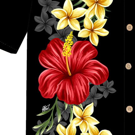 Ausschnitt: schwarzes Hemd mit gelben Blüten und roter Hibiskus-Design-Applikation