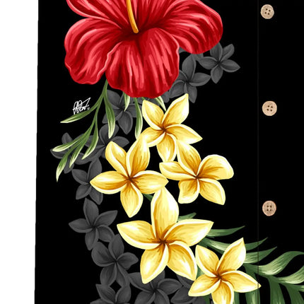 Ausschnitt: schwarze Stofffläche mit roter Blüte, gelben Orchideenblüten und Blättern