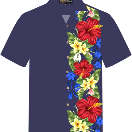 Kurzärmeliges Hemd mit Knopfleiste und großem Blumenmuster vorn auf dunkelblauem Stoff